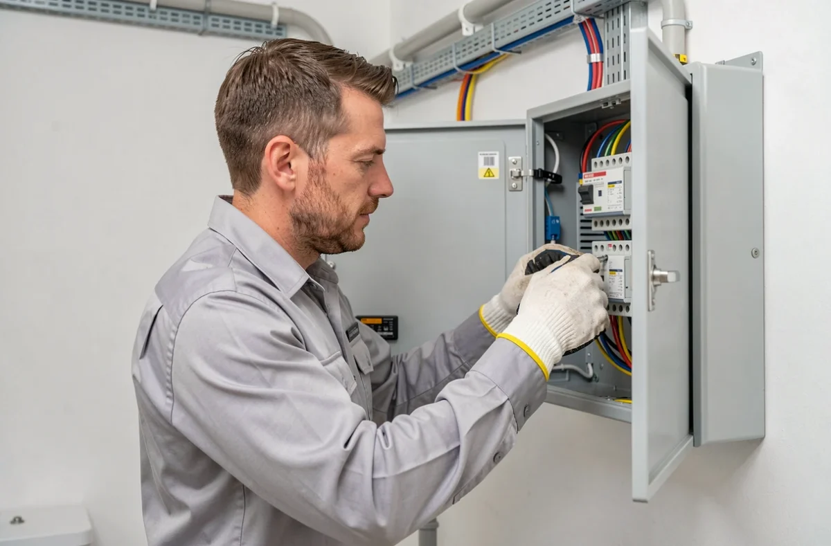 Électricien d'Élec Plus Caen effectuant la maintenance d'un tableau de distribution électrique résidentiel moderne, illustrant un service d'installation et de maintenance électrique
