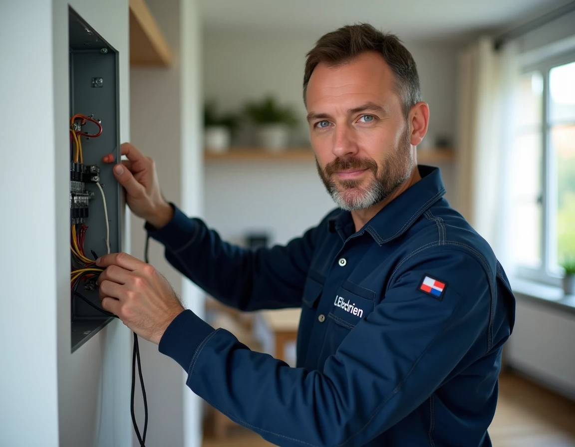 Électricien de L'Electricien Sarl intervenant sur un tableau électrique résidentiel