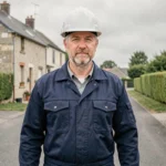 Électricien professionnel devant des maisons en pierre typiques de la Mayenne, illustrant le top 10 des électriciens locaux