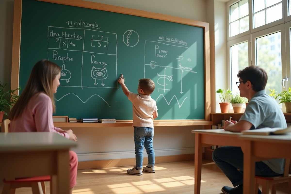 Enfant pointant des graphiques et tirelires avec un adulte dans une classe lumineuse