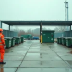 Entrée d'une déchetterie municipale avec un agent en gilet orange et des bennes de tri bien signalées