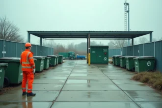 Entrée d'une déchetterie municipale avec un agent en gilet orange et des bennes de tri bien signalées