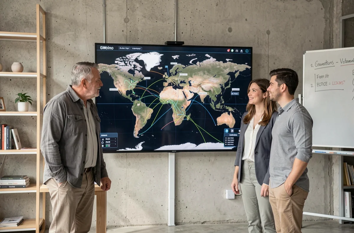 Équipe professionnelle analysant une carte de navigation satellitaire GPS dans un bureau moderne