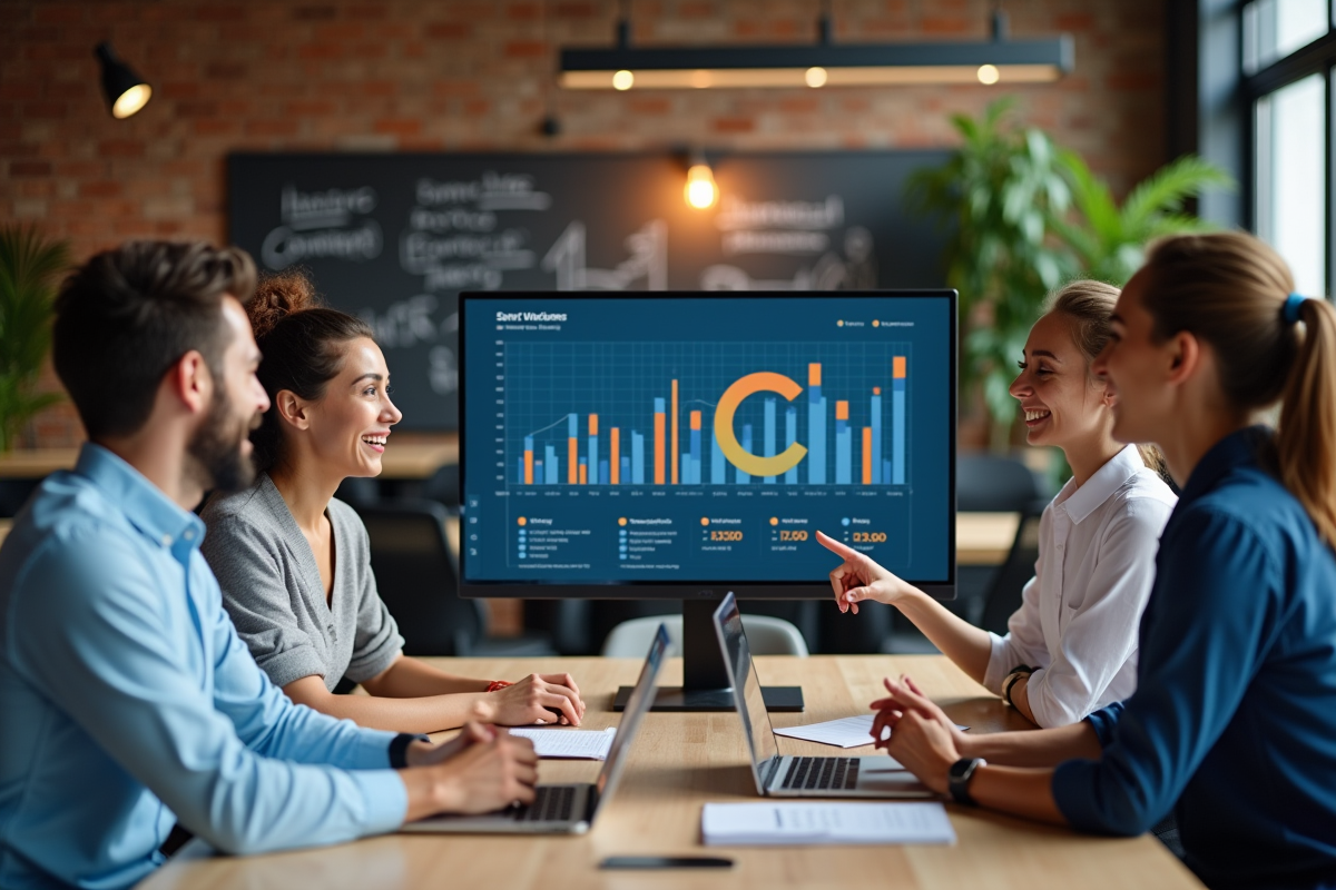 Groupe de jeunes professionnels collaborant autour d un écran tactile