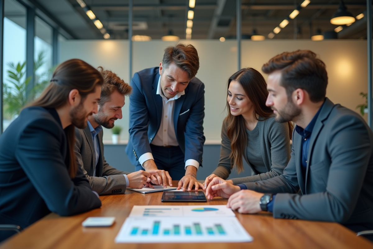 Groupe de gestionnaires discutant de graphiques en réunion