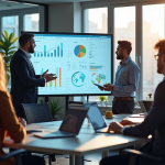 Groupe de professionnels collaborant autour d'un tableau de bord marketing
