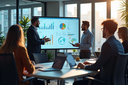 Groupe de professionnels collaborant autour d'un tableau de bord marketing