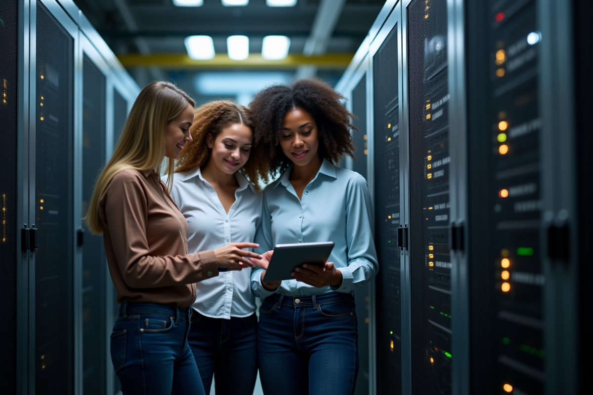 Groupe de trois spécialistes tech autour d