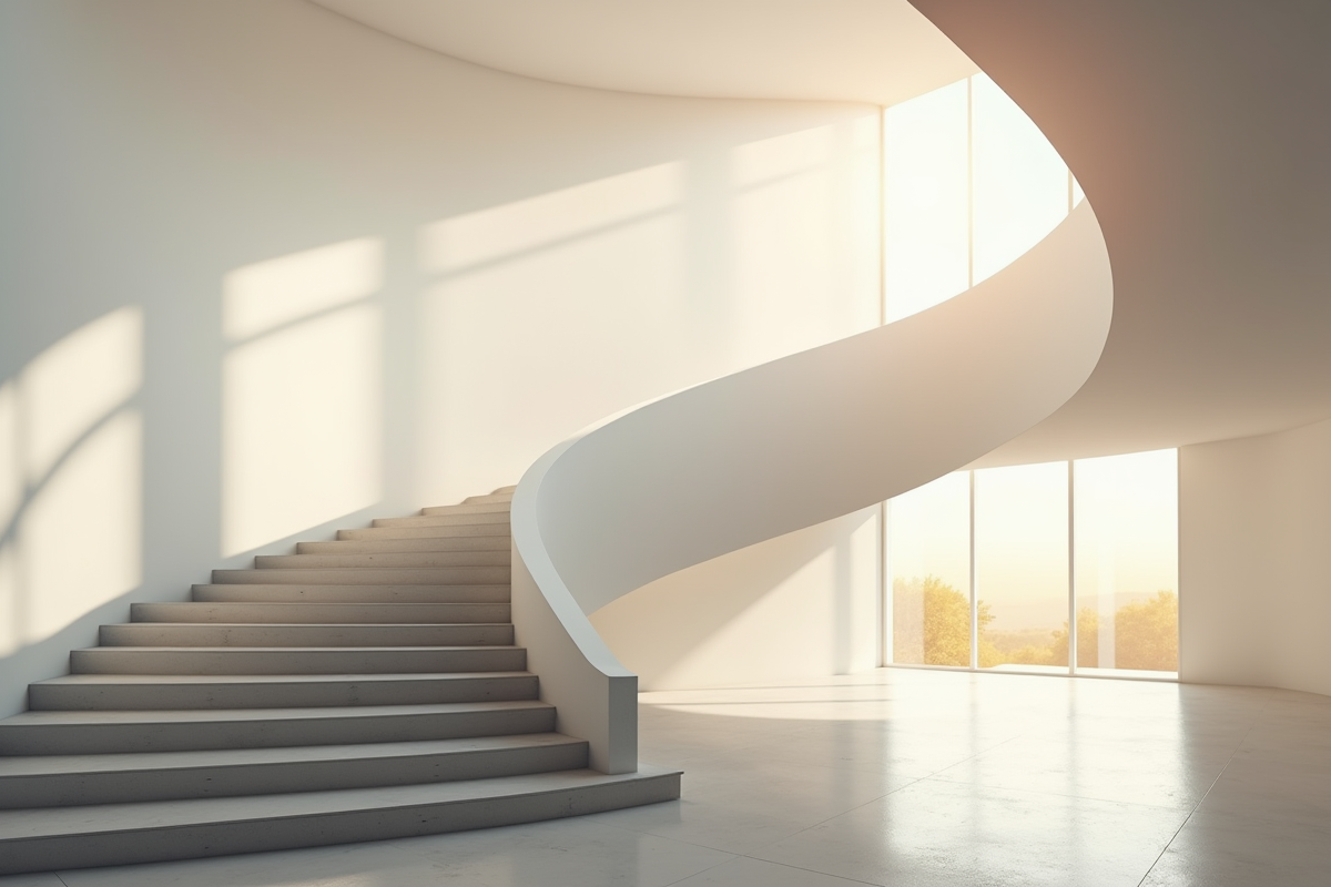 Escalier en béton moderne en spirale dans un espace architectural lumineux