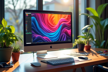 Espace de travail créatif avec moniteur design et tablette digitale