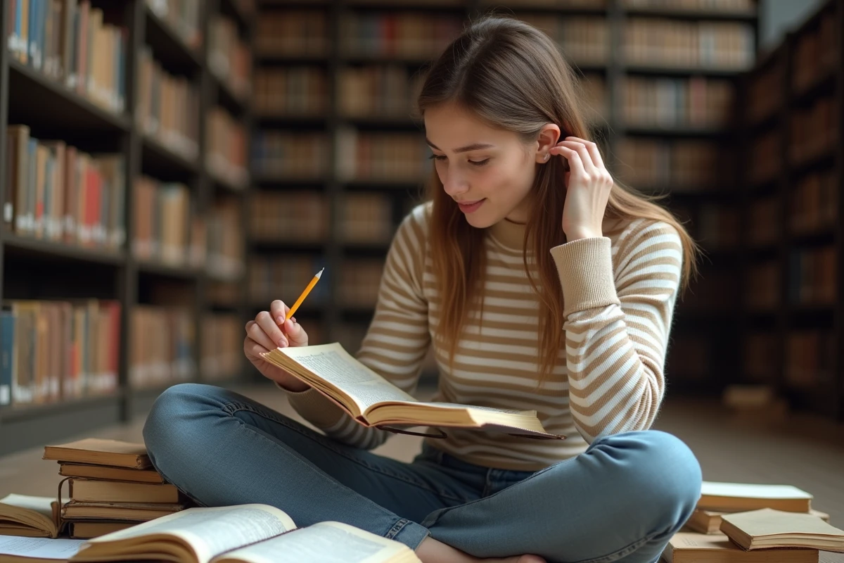 Jeune femme étudiante entourée de dictionnaires et de cahiers dans une bibliothèque universitaire révisant les règles d'orthographe française