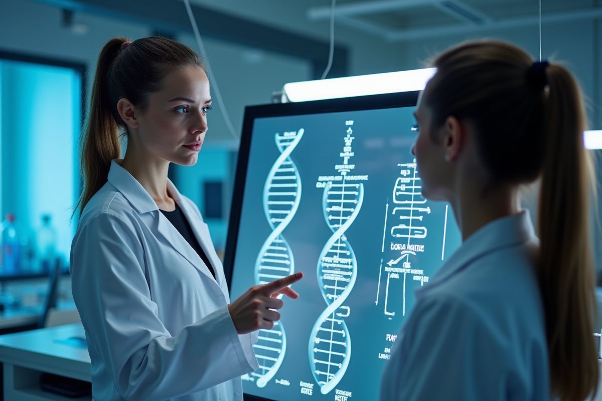 Expert en génétique expliquant des marqueurs DNA à une jeune femme sportive