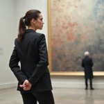 Femme contemplant une grande peinture contemporaine dans un musée d'art à Lyon lors d'une soirée après le travail