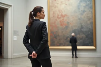 Femme contemplant une grande peinture contemporaine dans un musée d'art à Lyon lors d'une soirée après le travail