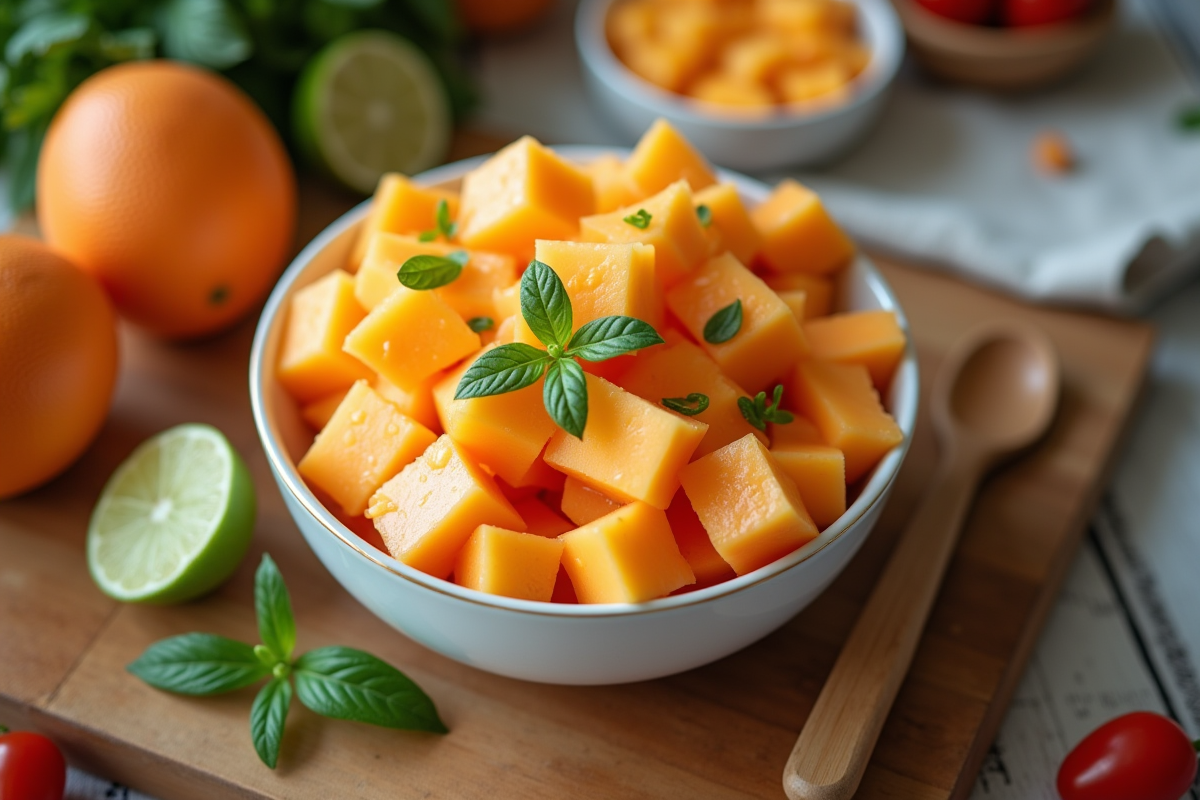 Famille préparant une salade de fruits avec cantaloupe