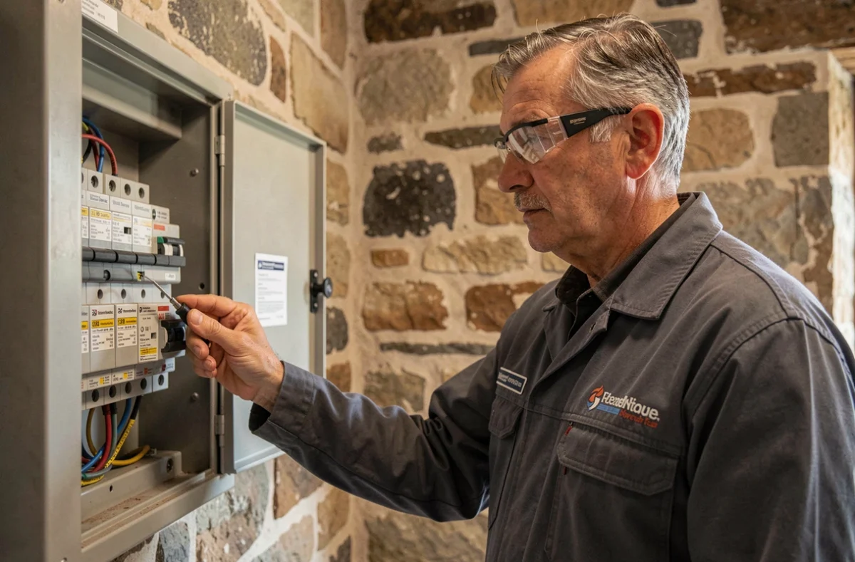 Électricien expérimenté de FEBAT inspectant un tableau électrique ancien dans un logement normand, reflétant une forte ancienneté et un savoir-faire polyvalent