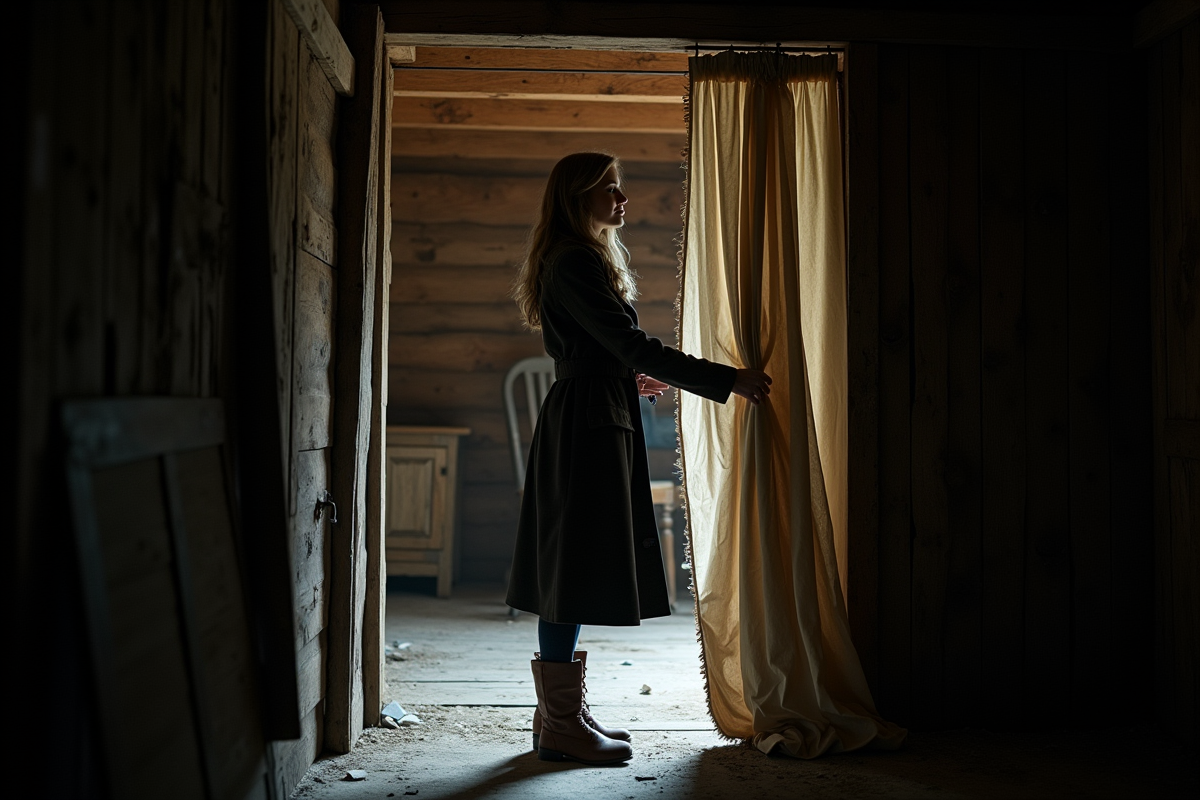Jeune femme regardant dans une vieille cabane abandonnée