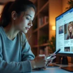 Jeune femme consultant les tendances people et buzz sur son smartphone devant un écran d'ordinateur