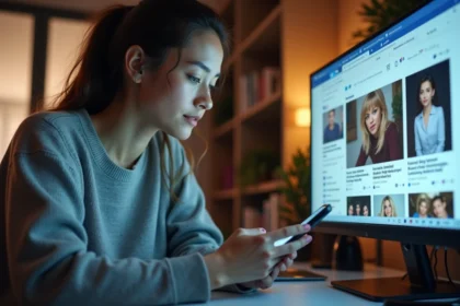 Jeune femme consultant les tendances people et buzz sur son smartphone devant un écran d'ordinateur