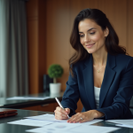 Femme d'affaires confiante en costume navy dans un bureau moderne