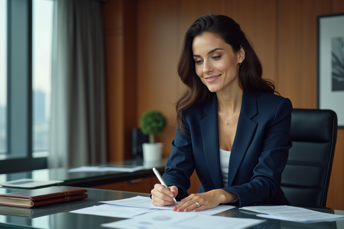 Femme d'affaires confiante en costume navy dans un bureau moderne
