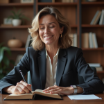 Femme d'affaires lisant un livret patrimoine dans un bureau