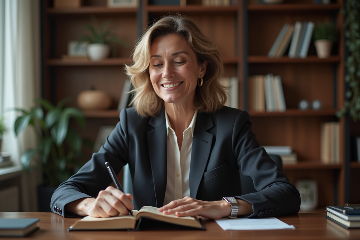 Femme d'affaires lisant un livret patrimoine dans un bureau