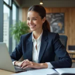 Femme confiante en bureau moderne avec ordinateur et documents