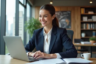 Femme confiante en bureau moderne avec ordinateur et documents