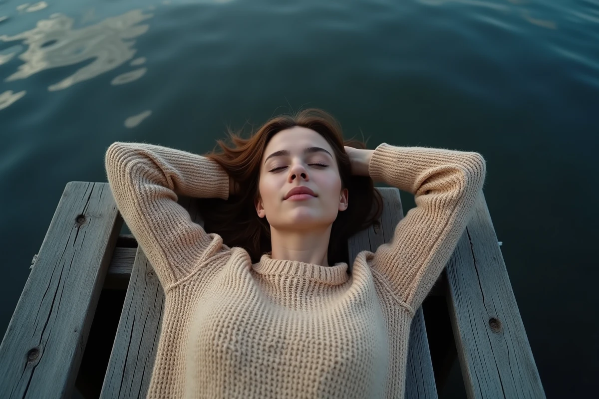 Femme allongée les yeux fermés sur un ponton au crépuscule, expérience sensorielle de flash lumineux et relaxation profonde
