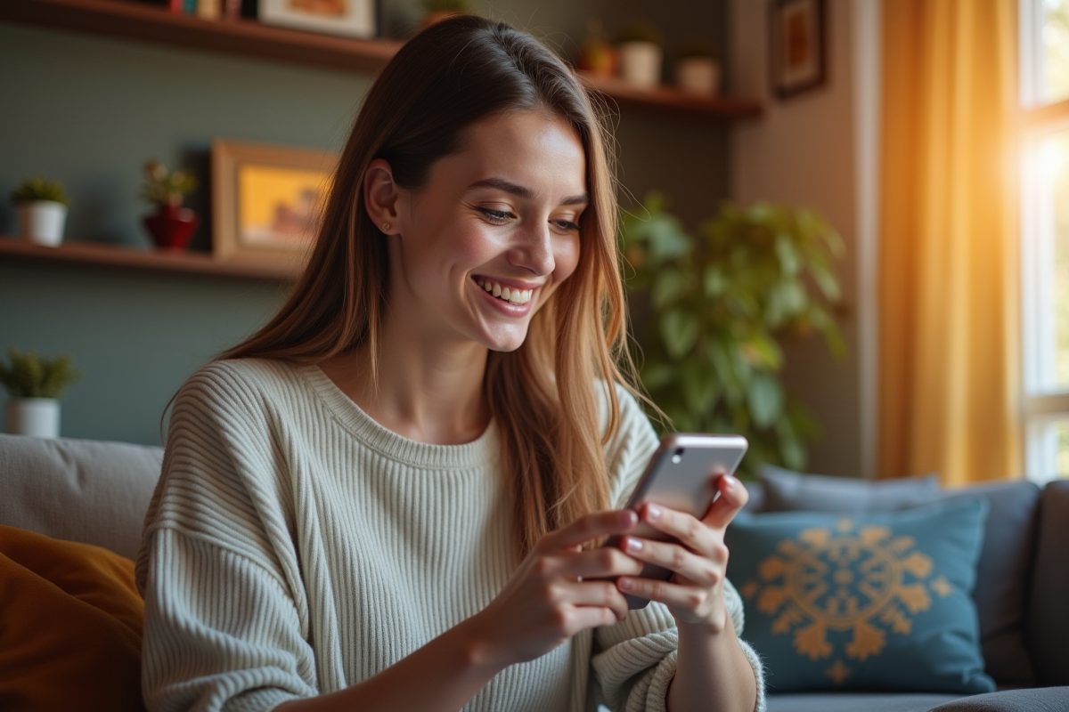 Jeune femme souriante utilisant son smartphone pour analyser des données marketing