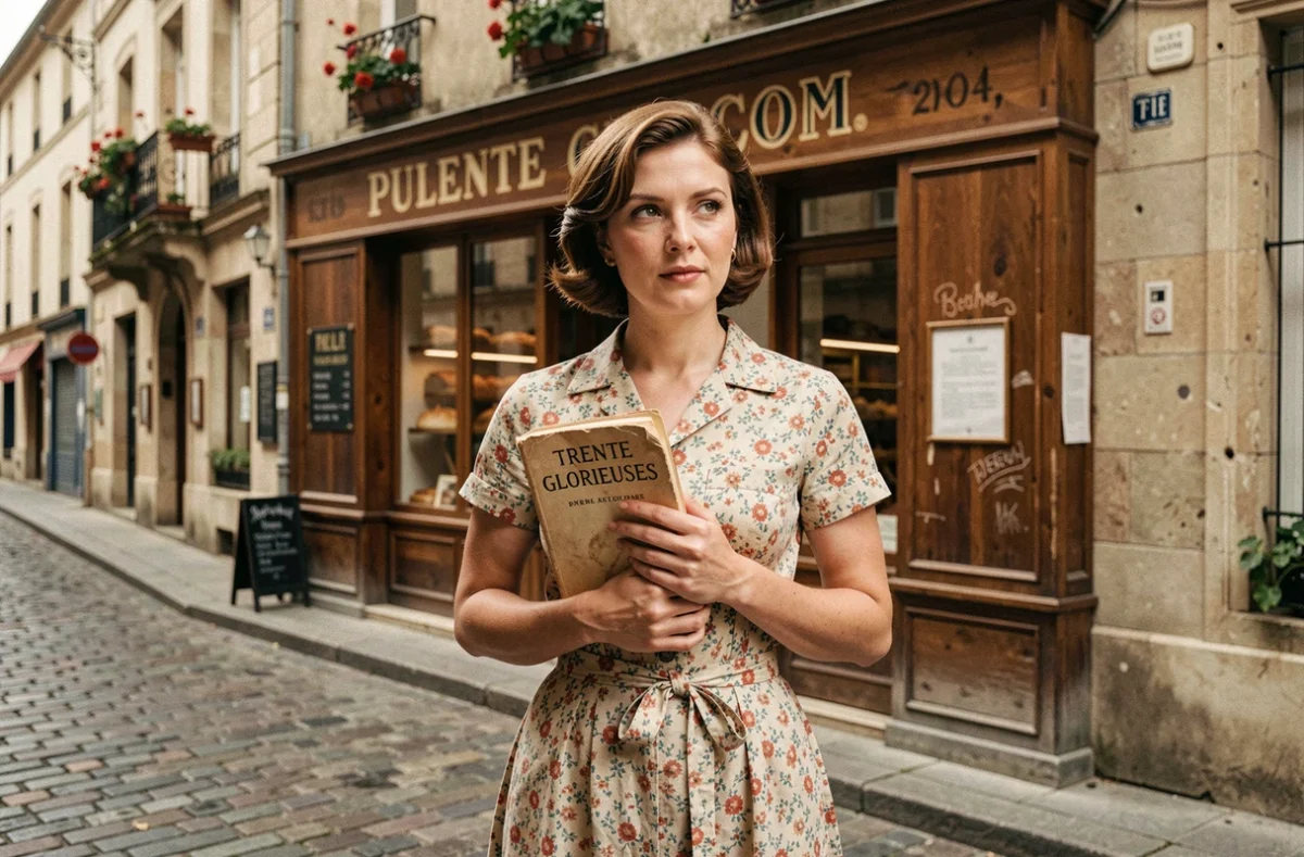 Femme en robe des années 1960 tenant un roman dans une rue pavée française, illustration de l'atmosphère des Trente Glorieuses dans le roman de Lemaitre