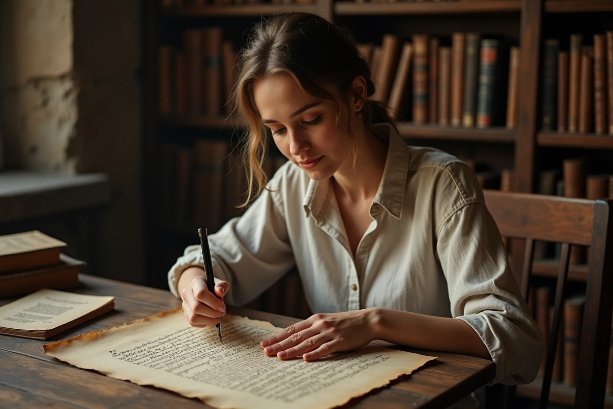 Femme étudiant un manuscrit ancien de La Marseillaise avec une loupe dans une bibliothèque historique aux étagères chargées de livres rares