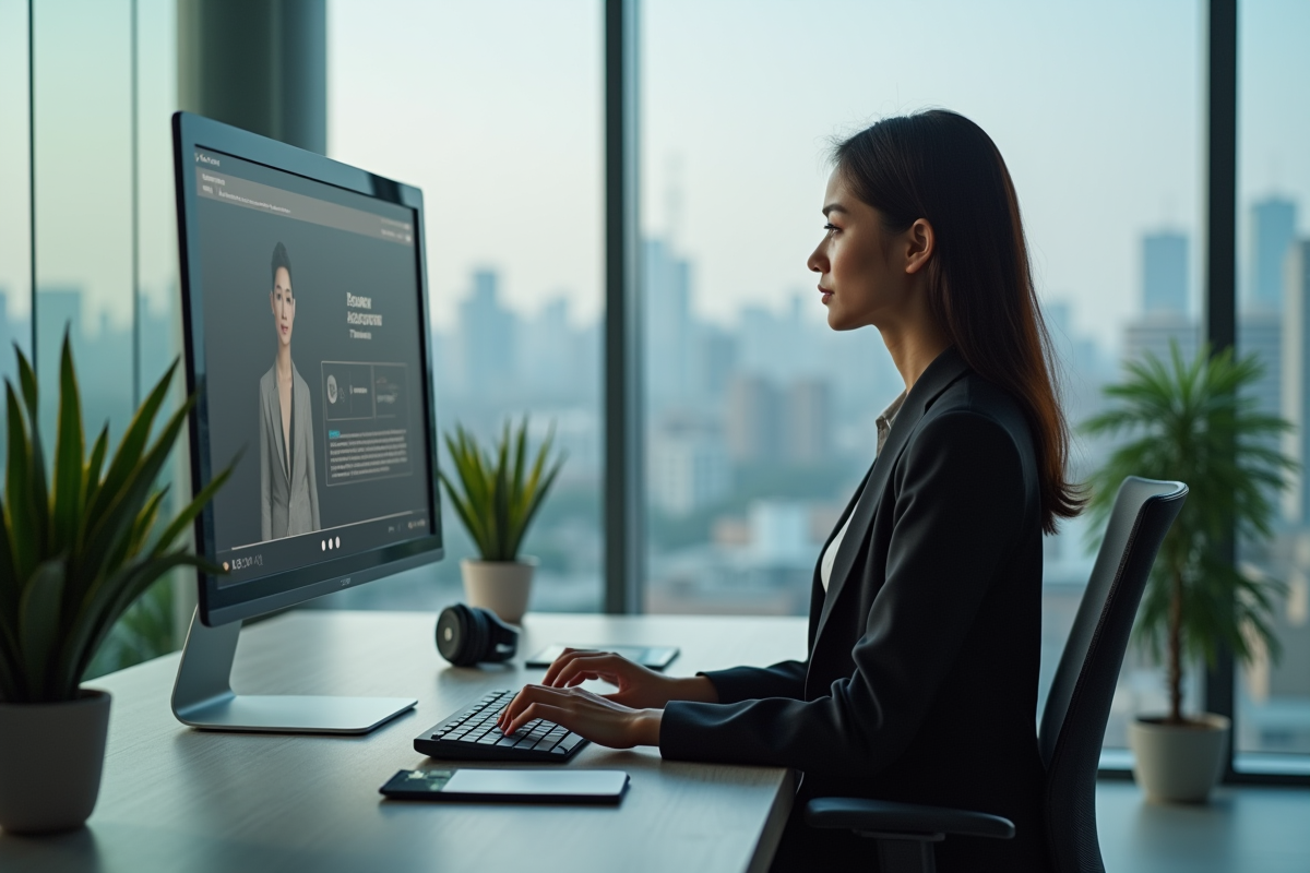 Jeune femme utilisant une assistante virtuelle dans un bureau moderne