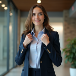 Femme en blazer navy ajustant son col dans un bureau moderne