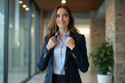 Femme en blazer navy ajustant son col dans un bureau moderne