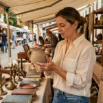 Femme examinant un vase ancien sur un stand de brocante en plein air, marché aux puces français