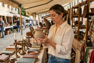 Femme examinant un vase ancien sur un stand de brocante en plein air, marché aux puces français