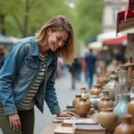 Femme examinant un vase en brocante parisienne