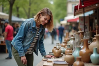 Femme examinant un vase en brocante parisienne