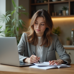Femme en cuisine vérifiant son budget mensuel sur ordinateur