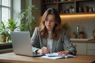 Femme en cuisine vérifiant son budget mensuel sur ordinateur