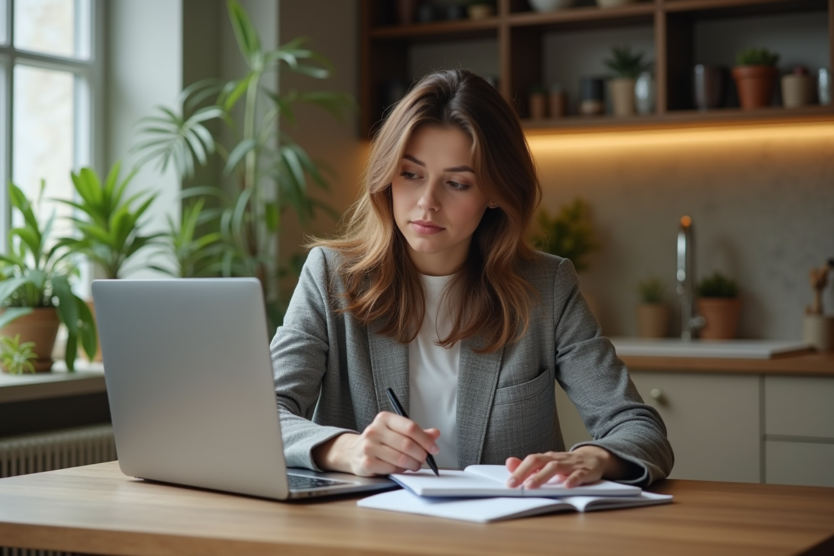 Femme en cuisine vérifiant son budget mensuel sur ordinateur