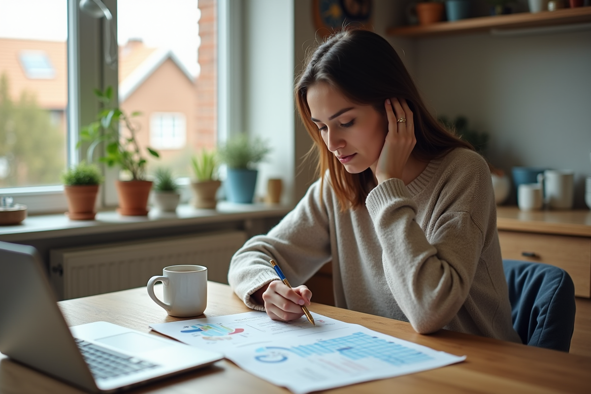Jeune femme à la maison examinant ses factures et un graphique