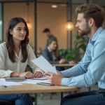 Jeune femme au bureau avec collègue aidant