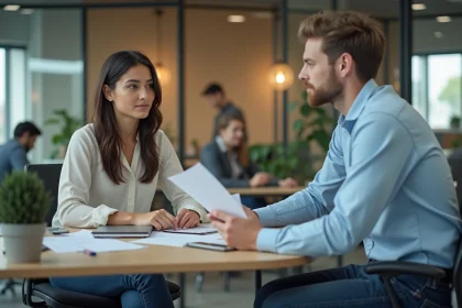 Jeune femme au bureau avec collègue aidant