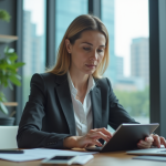 Femme d affaires utilisant une tablette dans un bureau moderne