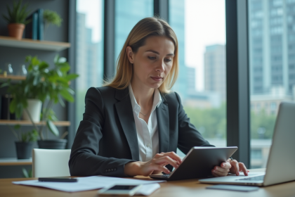 Femme d affaires utilisant une tablette dans un bureau moderne