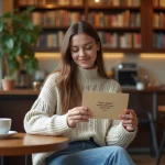 Jeune femme lisant une citation inspirante dans un café chaleureux
