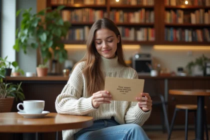 Jeune femme lisant une citation inspirante dans un café chaleureux